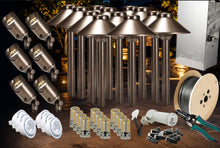 Load image into Gallery viewer, Outdoor LED landscape light kit with multiple bronze-colored metal post lights, white diffusers, LED chips, wire spool, and mounting hardware on a dark background.