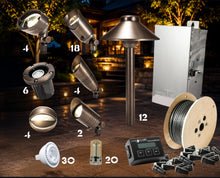 Load image into Gallery viewer, Outdoor landscape lighting kit with multiple components shown on a dark patio background: a metal pole lamp, several angled spotlights, a white electrical box, a spool of wire, a digital controller, a small battery or adapter, and several black ground stakes. White numbers 2, 4, 6, 10, 12, 18, 20, and 30 label the items.
