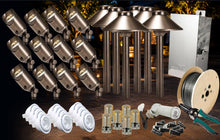 Load image into Gallery viewer, Outdoor landscape lighting kit with multiple bronze-colored ground stakes, wall-mounted spotlights, white GU10 LED bulbs, wire spool, wire cutter, and mounting hardware on a dark background.
