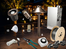 Load image into Gallery viewer, Outdoor landscape lighting kit with multiple components including a ground stake lamp, spotlight, reel of wire, junction box, wire nuts, and tools, shown against a nighttime patio background with some items labeled with numbers.
